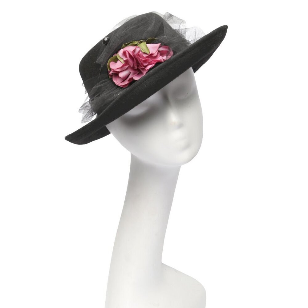 Vintage Wool Felt Kettle Brim Hat Black Retro Netting Bow Flower Pin Structured